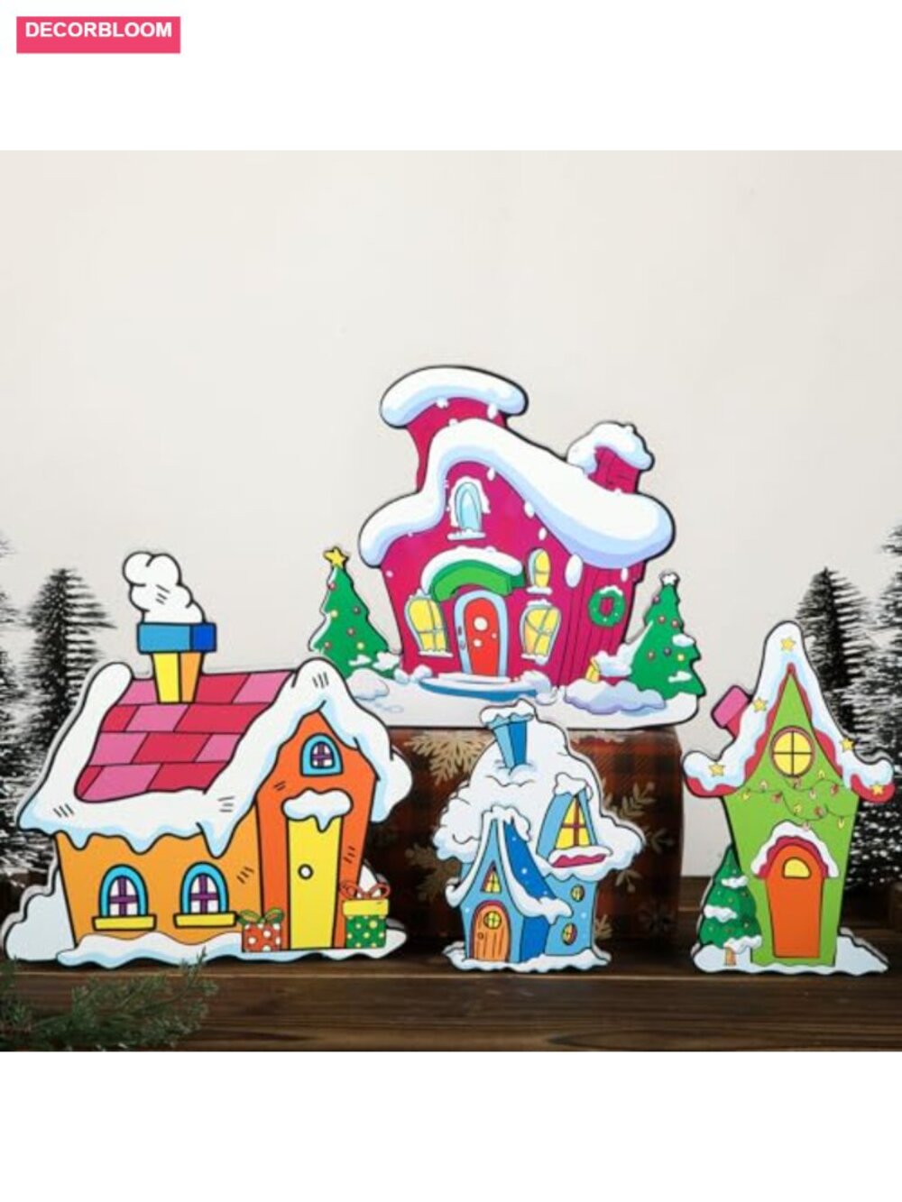 Christmas Village Tabletop Decor Set 4 Pcs MDF Snow House Centerpieces